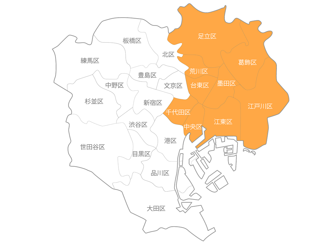 東信用組合の営業エリアマップ（東京都墨田区、江東区、台東区を中心としたエリア）